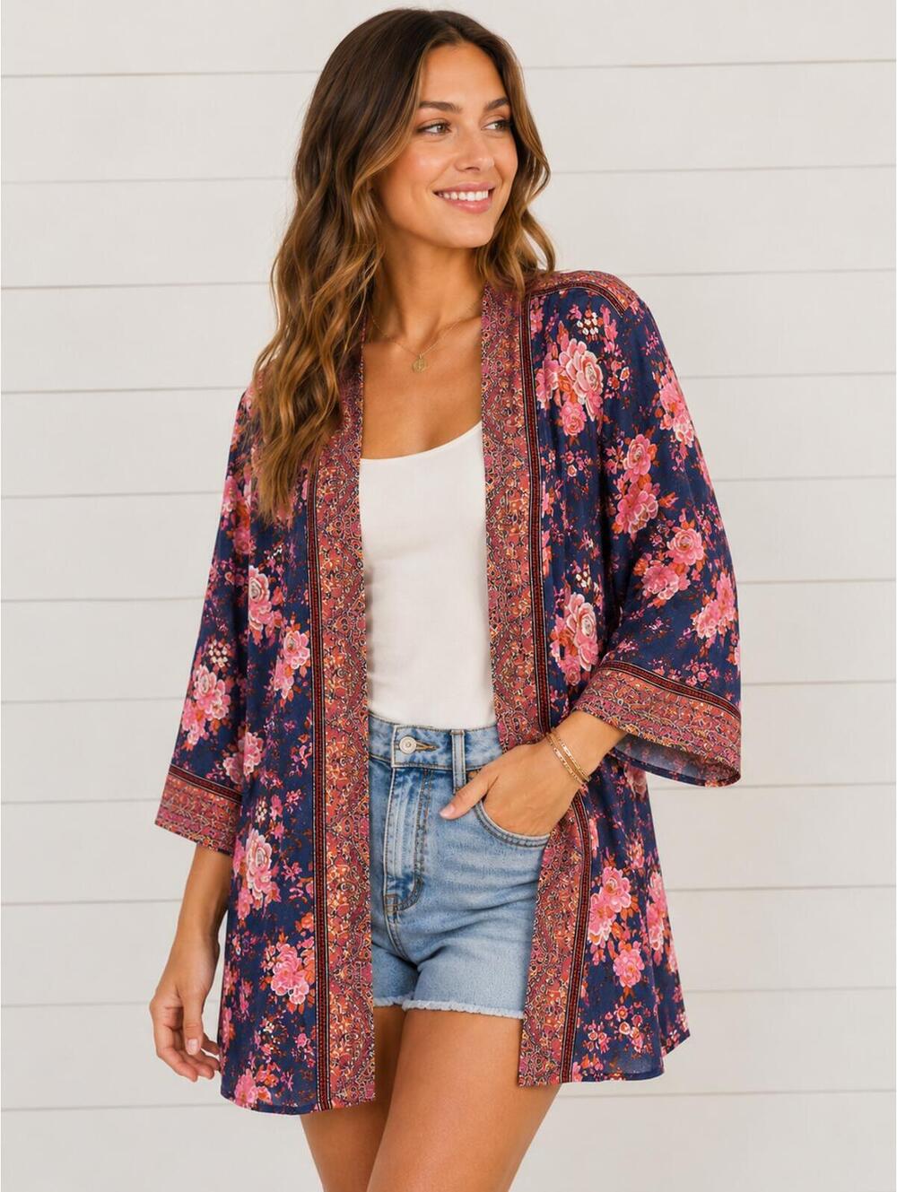 Matilda Jane Floral Boho Kimono Cardigan Navy Pink Open Front M/L NWT